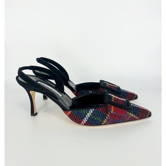 MANOLO BLAHNIK Maysale Red & Green Plaid Slingback Stiletto Sandals Size… - Picture 7 of 12